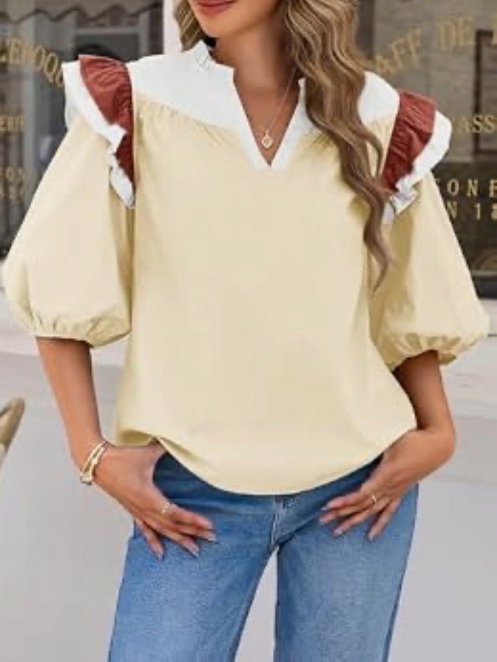 Women's Cream Puff-Sleeve Blouse with White Collar and Brown Accent